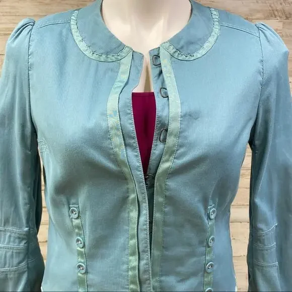 Marc Jacobs Military Style Cotton Blazer Womens Size 4 Light Teal Ribbon Detail - Picture 4 of 15